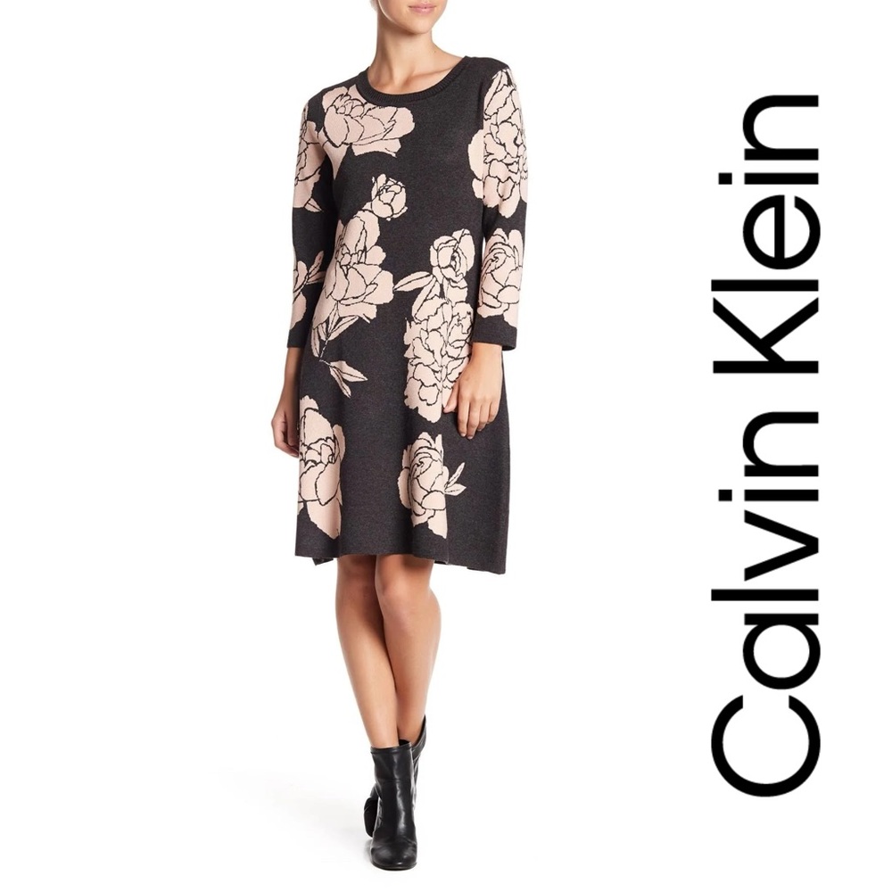 Calvin Klein Black Dress with Pink Floral Pattern - Sweater Dress Size L -‎ 339*